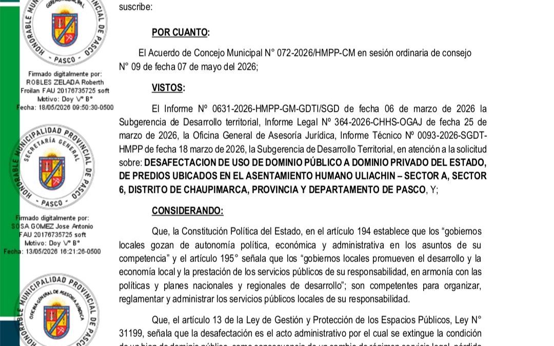 ORDENANZA MUNICIPAL Nro. 009-2026-CM/HONORABLE MUNICIPALIDAD PROVINCIAL DE PASCO