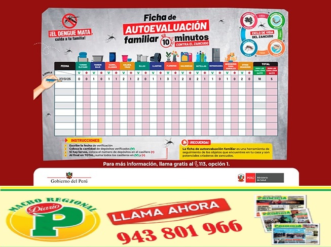 MINSA LANZA FICHA «10 MINUTOS CONTRA EL DENGUE» PARA COMBATIR CRIADEROS DE ZANCUDOS DESDE LOS HOGARES